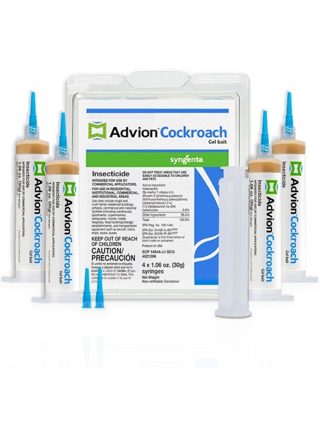 Cockroach مُصَبَّغَة جل Advion للصراصير الأصلية من الولايات المتحدة الأمريكية، تحتوي على 4 أنابيب × 30 جرام، 1 مُضَخَّة، و4 رؤوس - Image 1