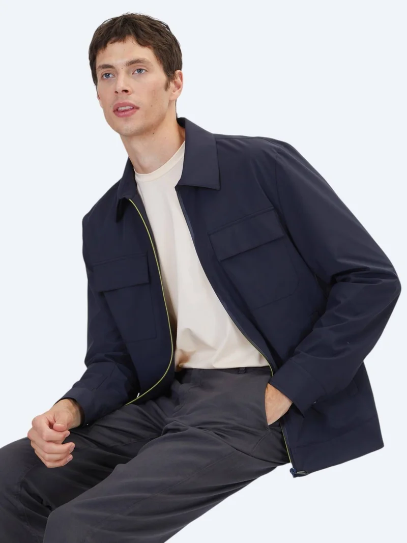 Kip Navy Blue Regular Fit Shirt Collar Casual Weaving Coat