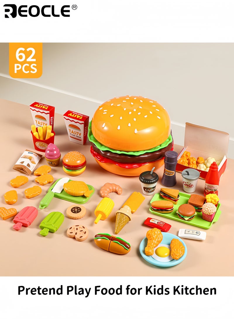ريوكل مجموعة طعام للأطفال مكونة من 62 قطعة بتفاصيل واقعية وتصميم متنوع، ألعاب مطبخ تظاهرية مع حقيبة تخزين لتعلم لعب الأدوار - Image 1