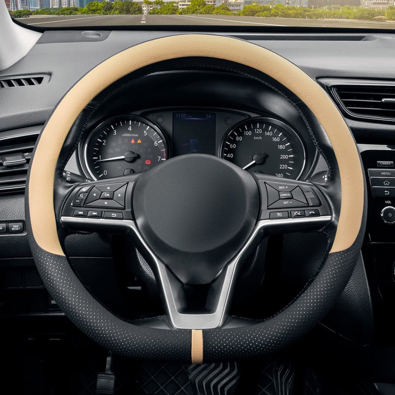 SEG Direct Flat Bottom Steering Wheel Cover Breathable D Shaped Car Wheel Cover 14 1215 in 3739 cm Black Beige Microfiber Leather