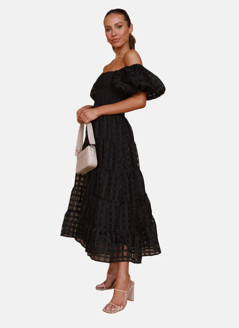 يونيكي Black Off-Shoulder Self Design Fit & Flared Dress