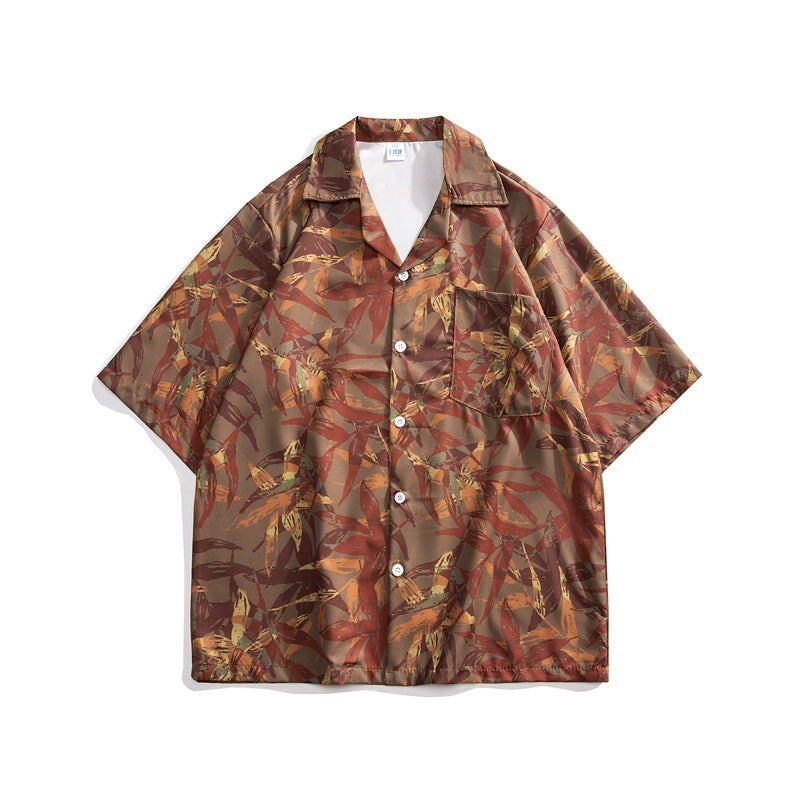 Thai Cuban Collar Floral Shirt For Men And Women Loose Retro Hawaiian Vacation Loose Couple Beach Short-Sleeved Shirt - Image 1