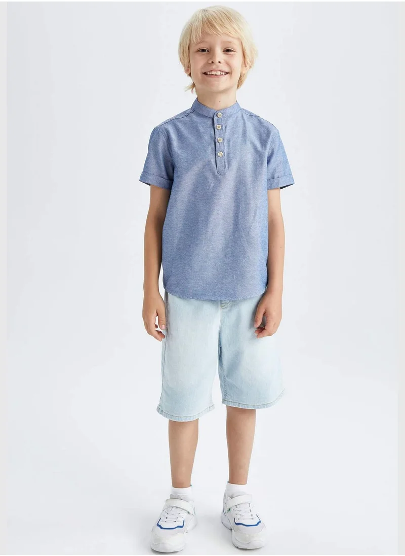 ديفاكتو Boy Regular Fit Mock Neck Woven Top Short Sleeve Shirt