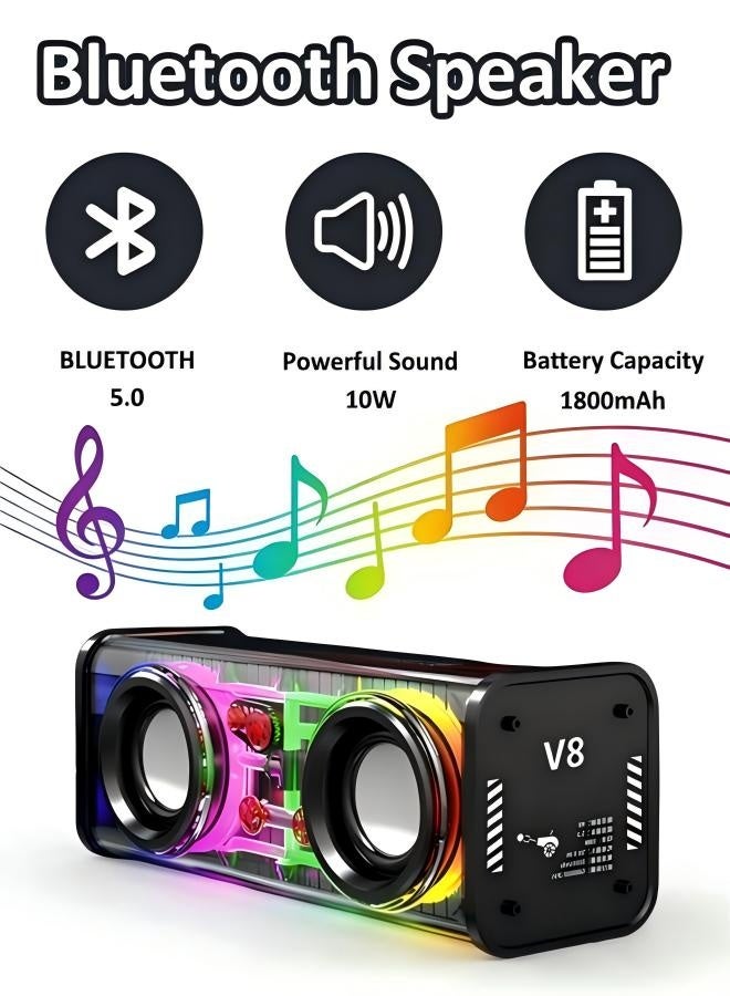 Portable Bluetooth Speaker with LED Lights&Transparent Casing, Bluetooth 5.0 Wireless Outdoor Speakers Support TWS Pairing/TF Card, 10W Stereo Sound, Electronics for Home, Outdoors, Travel (Black) - Image 1
