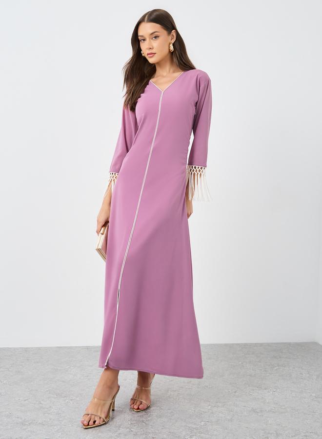 Maxim Creation Solid V-Neck A-Line Maxi Dress with Tassel Detail - Image 1