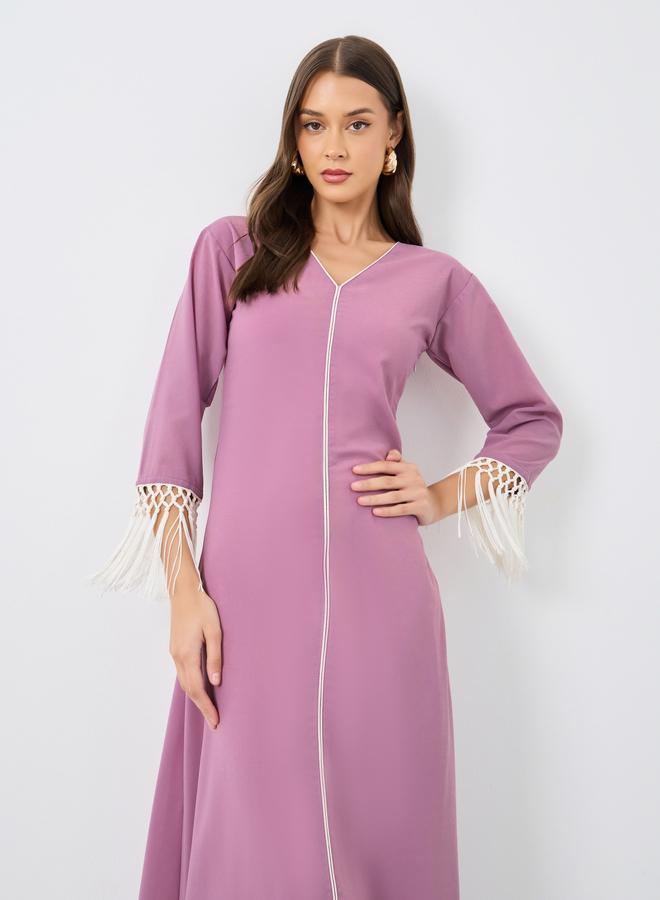 Maxim Creation Solid V-Neck A-Line Maxi Dress with Tassel Detail - Image 3