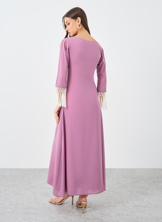 Maxim Creation Solid V-Neck A-Line Maxi Dress with Tassel Detail - Image 5
