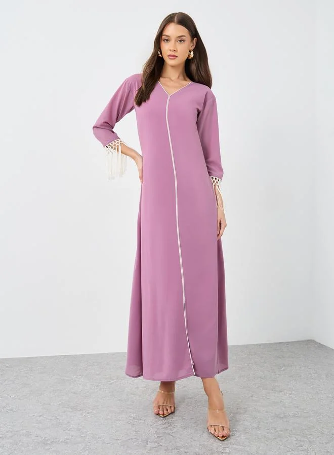 Maxim Creation Maxim Creation Solid V-Neck A-Line Maxi Dress with Tassel Detail
