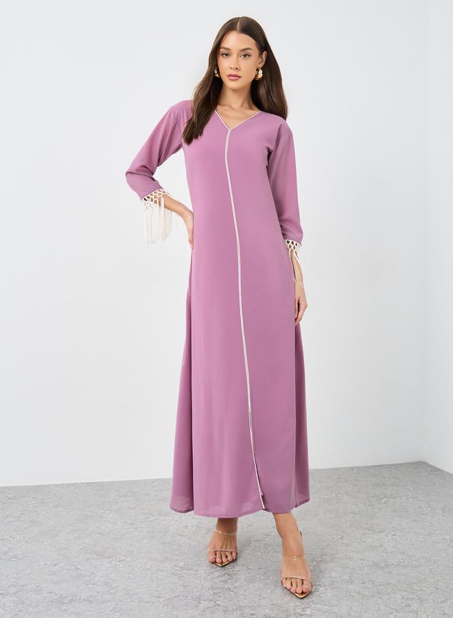 Maxim Creation Solid V-Neck A-Line Maxi Dress with Tassel Detail - Image 2