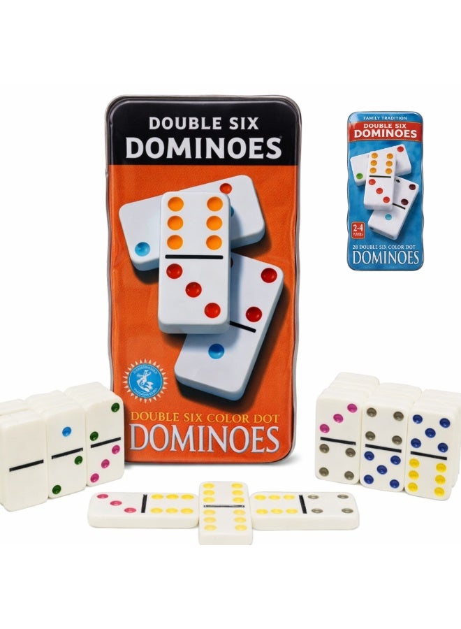 Double Six Dominoes Set 28 Tiles Color Dot Domino Game with Storage Tin Box – Classic Family Board Game for Kids & Adults, 2-4 Players, Educational Indoor Game Set for Home, Travel & Parties (Multi-colour)