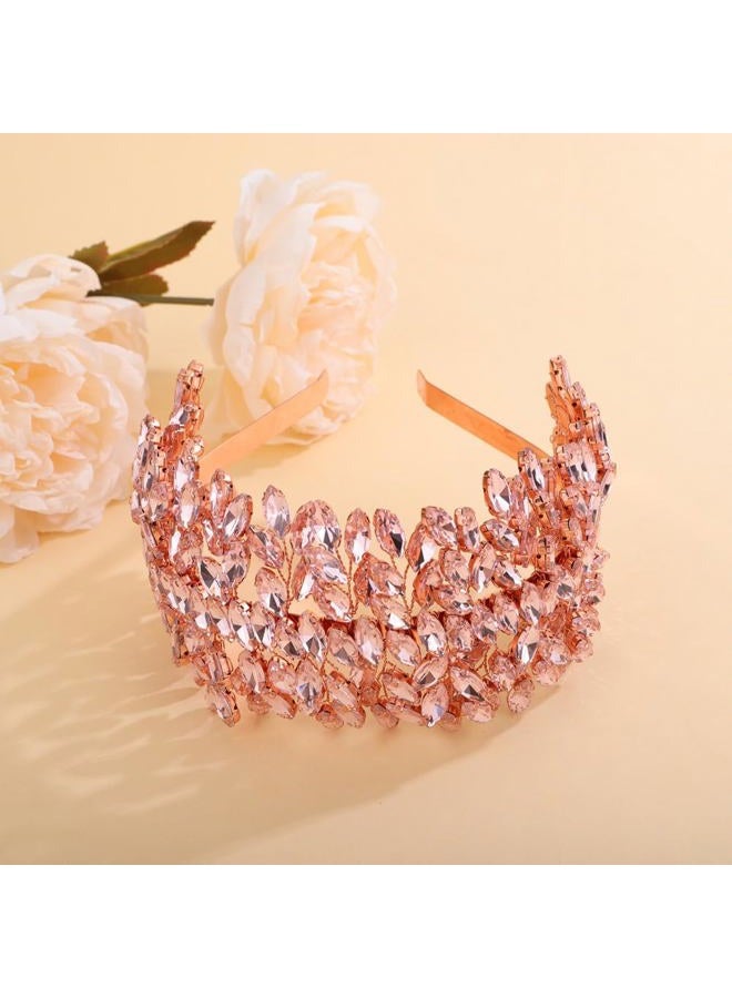 Sither رباط رأس كريستالي للعروس لحفلة الزفاف فضي كبير كريستال إكسسوارات شعر للعروس مشابك شعر لحفلة التخرج هدية (ذهب وردي) - Image 4