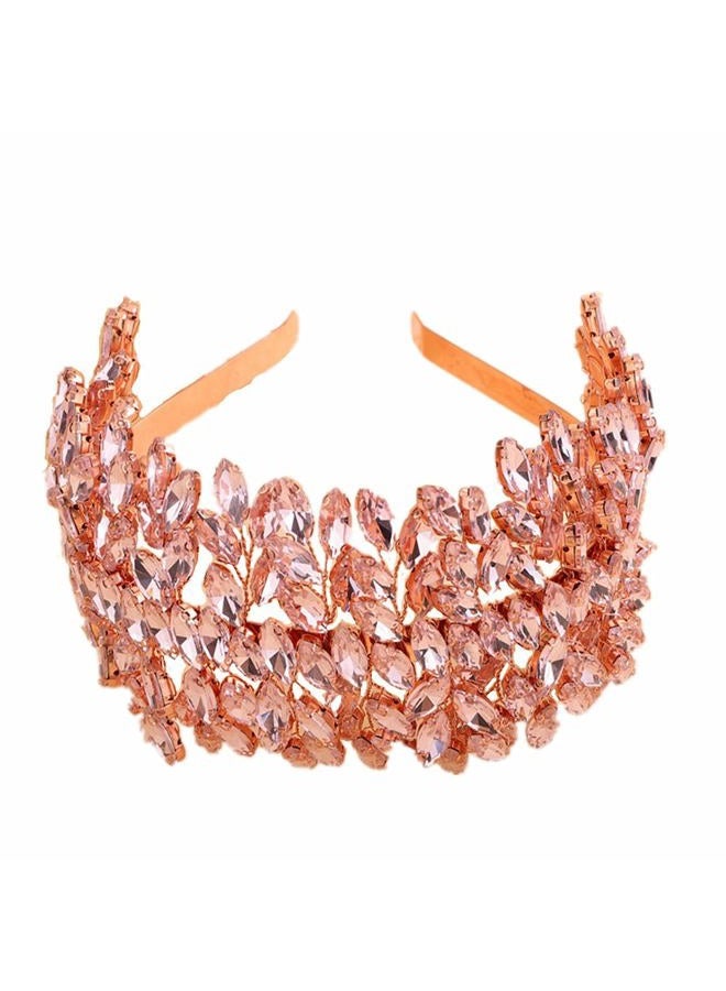 Sither رباط رأس كريستالي للعروس لحفلة الزفاف فضي كبير كريستال إكسسوارات شعر للعروس مشابك شعر لحفلة التخرج هدية (ذهب وردي) - Image 1