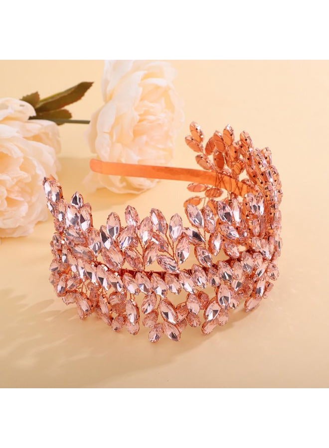 Sither رباط رأس كريستالي للعروس لحفلة الزفاف فضي كبير كريستال إكسسوارات شعر للعروس مشابك شعر لحفلة التخرج هدية (ذهب وردي) - Image 5