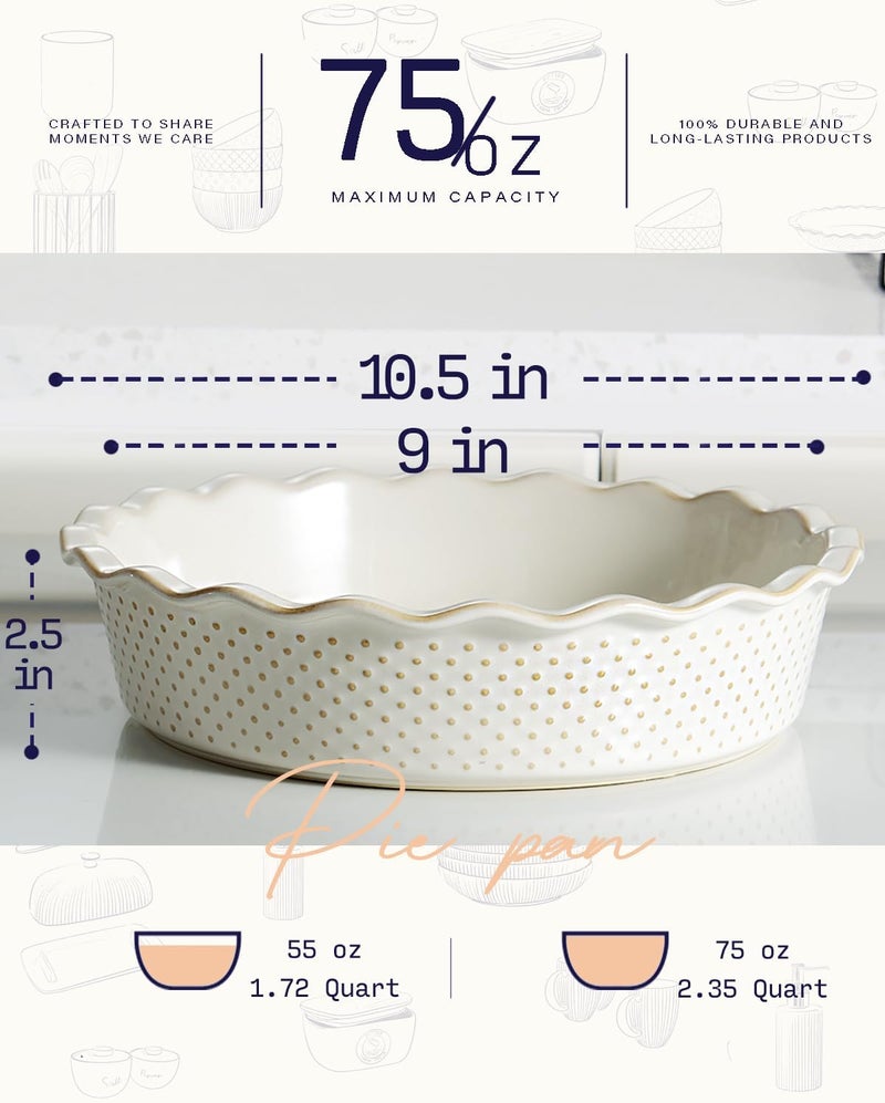 GET STAR Ceramic Deep Pie Pan, 9 inch Pie Dish for Baking, Non-Stick, Oven & Dishwasher Safe, Farmhouse Decor Quiche Baking Dish, Pie Plate, Deep Dish Pie Pan - Image 4