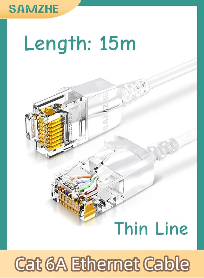 SAMZHE 15M Cat6A Ultra-Thin Ethernet Cable, 10Gbps 500MHz High Speed Pure Copper LAN Cord, Passed Fluke Test, 2.8mm Slim Flexible Design, Gold-Plated RJ45 with Protective Boot, Anti-Interference Network Cable for Router Modem PC PS5 Xbox (White) - Image 1