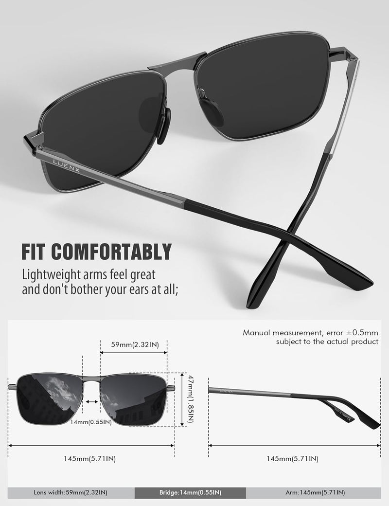 LUENX Rectangular Polarized Aviator Sunglasses for Men Retro Pilot Shades Driving UV400 Protection - Image 5