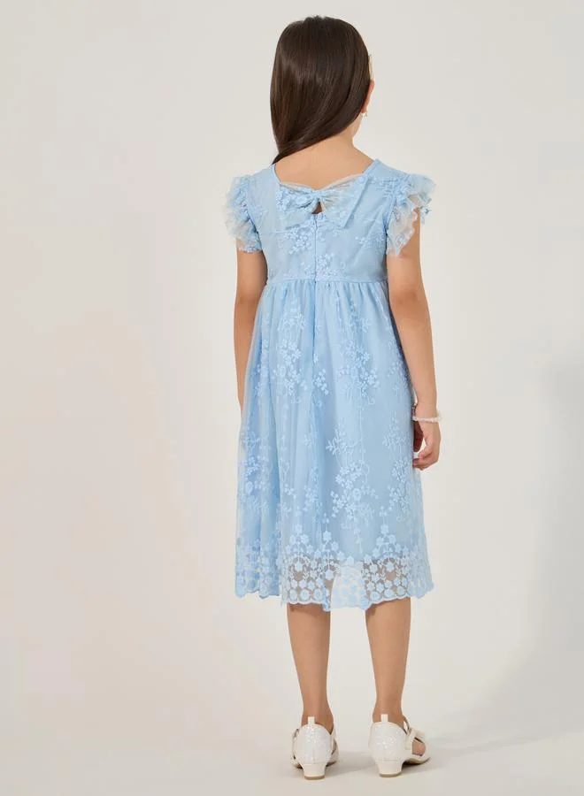 Styli Frill Sleeve Round Neck Pleated Lace Dress