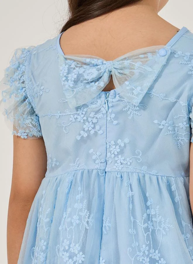 Styli Frill Sleeve Round Neck Pleated Lace Dress