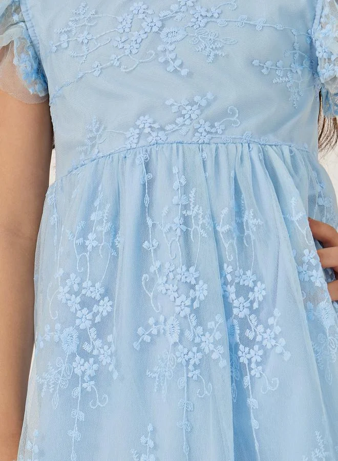 Styli Frill Sleeve Round Neck Pleated Lace Dress