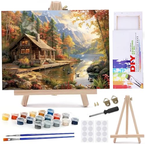 MaiMMaledy Paint by Numbers Kit for Adults Beginners 8Wx12L inch Canvas Pictures with Framed Drawing Painting Works with Wooden Triangle Easel Acrylic Pigment Vase Decoration Riverside Scenery - Image 1
