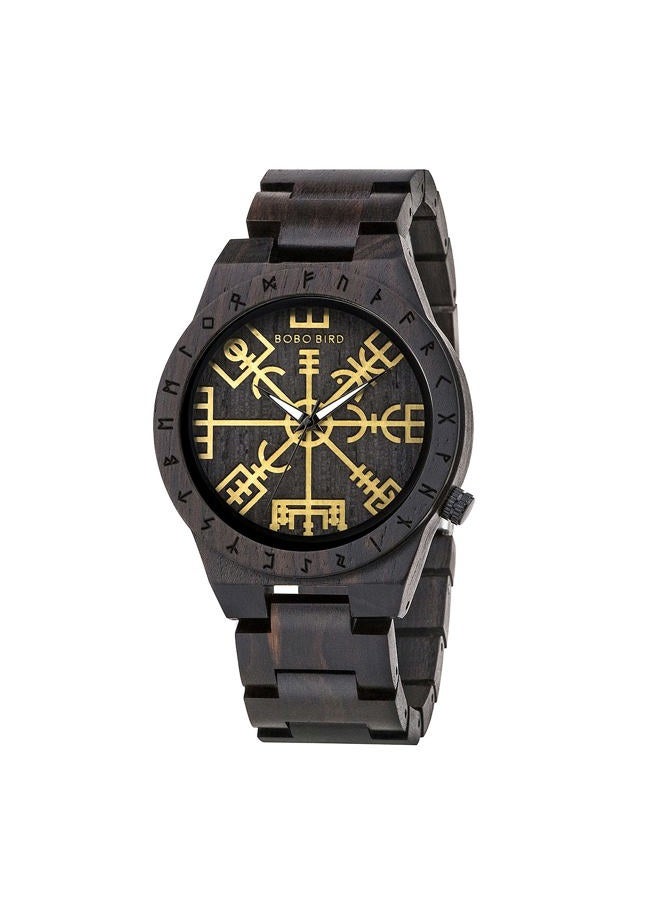 BOBO BIRD Handmade Wooden Mens Watch Unique Runic Circle Watches Golden Symbol of Vegvisir Watches Lightweight Fashion Quartz Wristwatch, brown black, Quartz Movement - Image 1