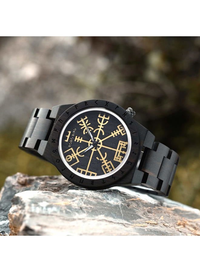 BOBO BIRD Handmade Wooden Mens Watch Unique Runic Circle Watches Golden Symbol of Vegvisir Watches Lightweight Fashion Quartz Wristwatch, brown black, Quartz Movement - Image 2