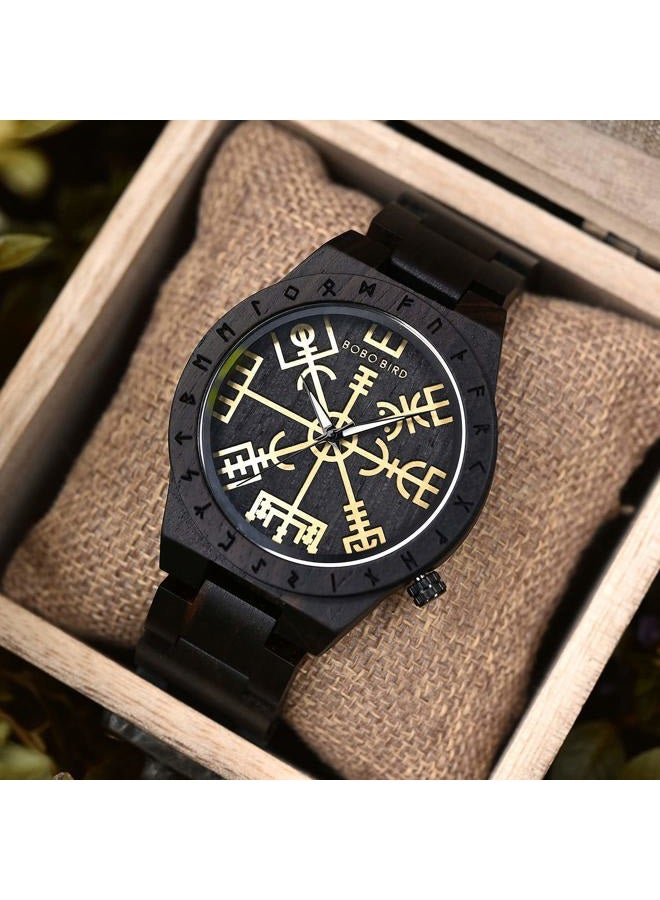 BOBO BIRD Handmade Wooden Mens Watch Unique Runic Circle Watches Golden Symbol of Vegvisir Watches Lightweight Fashion Quartz Wristwatch, brown black, Quartz Movement - Image 3