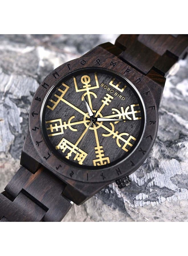 BOBO BIRD Handmade Wooden Mens Watch Unique Runic Circle Watches Golden Symbol of Vegvisir Watches Lightweight Fashion Quartz Wristwatch, brown black, Quartz Movement - Image 5