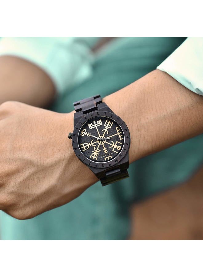 BOBO BIRD Handmade Wooden Mens Watch Unique Runic Circle Watches Golden Symbol of Vegvisir Watches Lightweight Fashion Quartz Wristwatch, brown black, Quartz Movement - Image 4