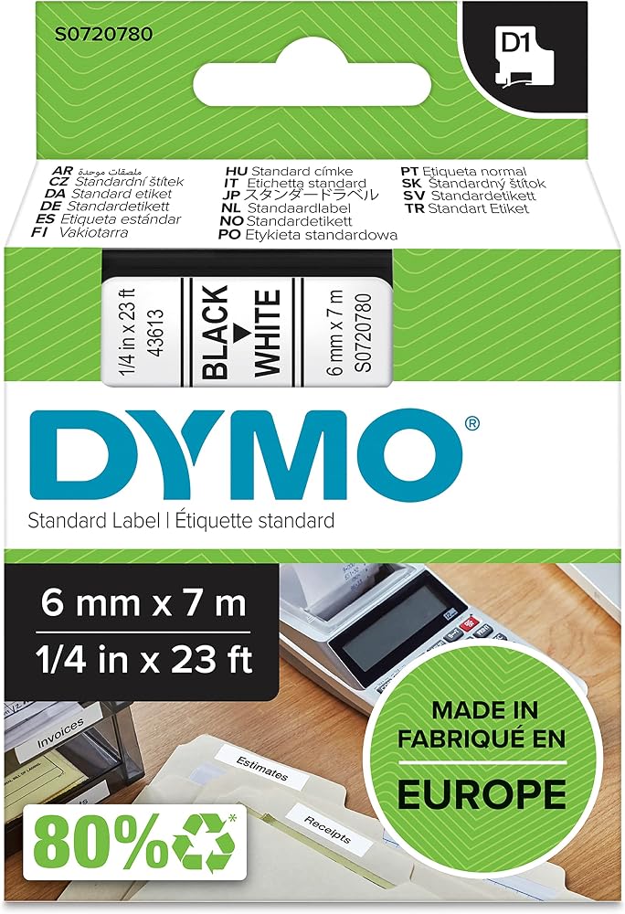 DYMO Authentic D1 Labels Black Print on White Tape 6 mm x 7 m Self-Adhesive Labels for LabelManager Label Makers Made in Europe - Image 1