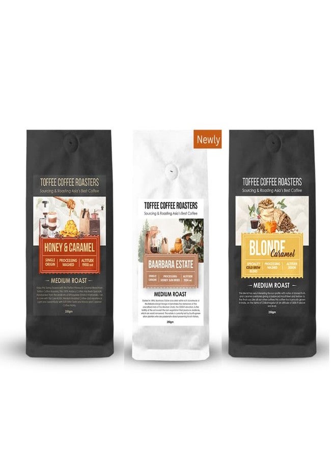 Toffee Coffee Roasters | Light & Medium Roast - Coffee Sample | Pack of 3x100gm (Honey & Caramel, Baarbara Estate Coffee, Blonde Caramel Coffee), Grind: Cold Brew - Image 1