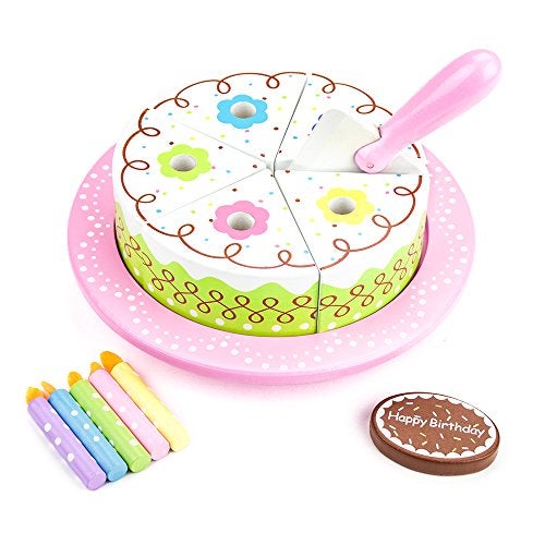 Imagination Generation 13 Piece Wood Happy Birthday Cake Set| Cake, Candles, Serving Tool & Tray|Party Roleplaying for Kids|Vanilla Cake - Image 2