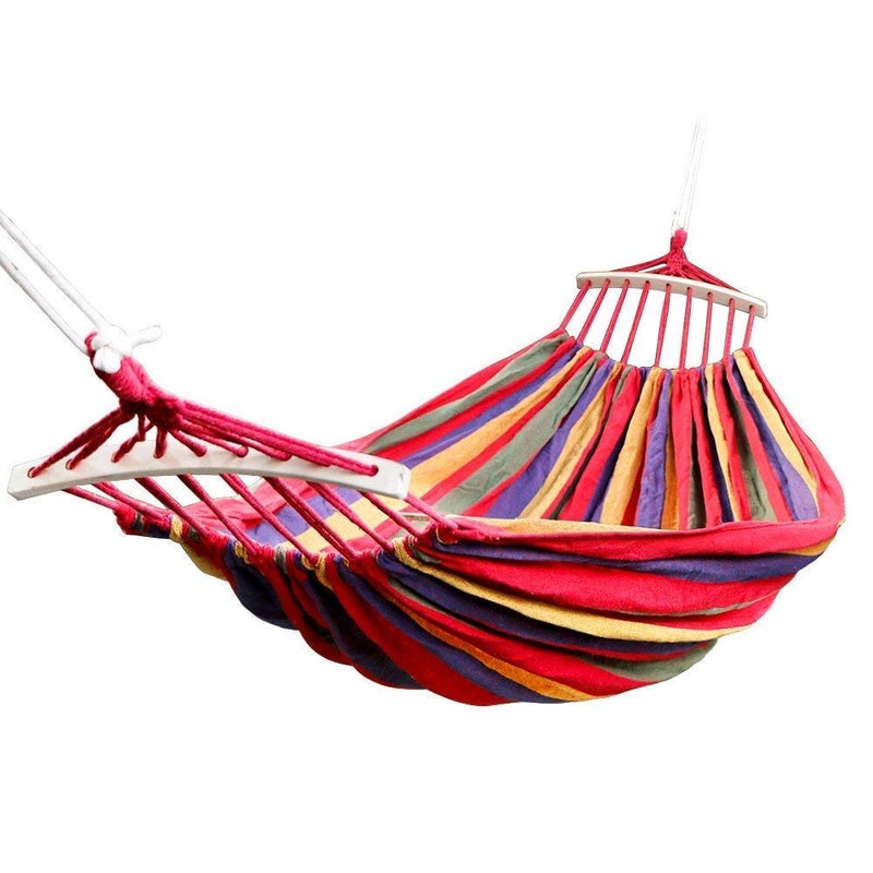 Hakubha Sales Hakubha Sales Cotton Outdoor Hammock Multiples Load Capacity Up to 450 Lbs Portable with Carrying Bag for Patio Yard Garden 280100WOODEN RED  - Image 1
