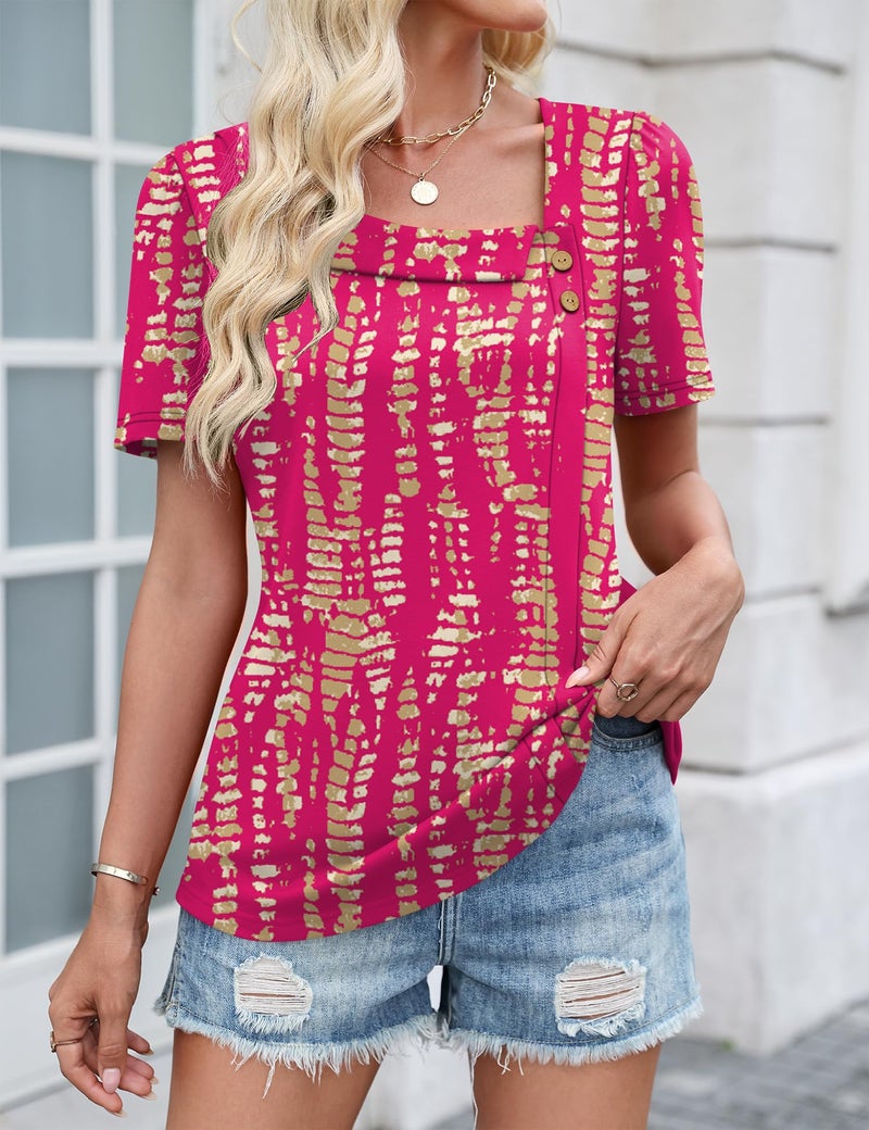 LUYAA Blouses for Women Dressy Casual Summer Clothes Teacher Outfits Short Sleeve Tops Summer Trendy Loose Fit Button Blouses Hot Pink L - Image 3