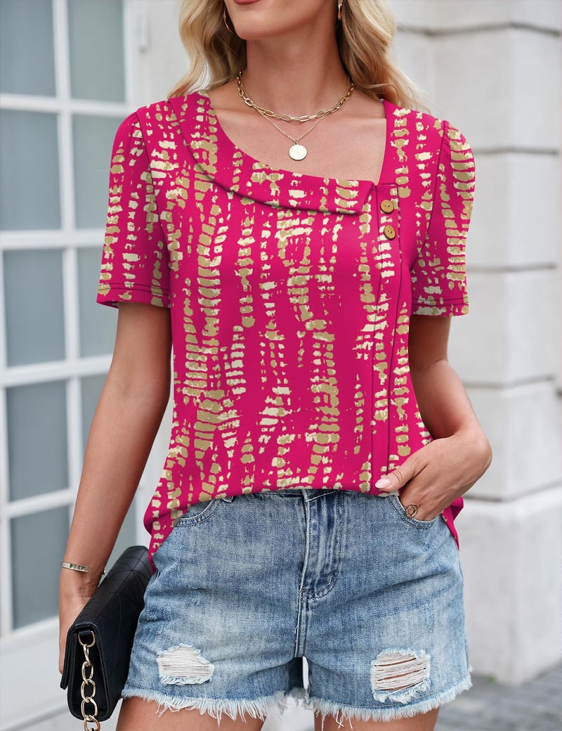 LUYAA Blouses for Women Dressy Casual Summer Clothes Teacher Outfits Short Sleeve Tops Summer Trendy Loose Fit Button Blouses Hot Pink L - Image 5