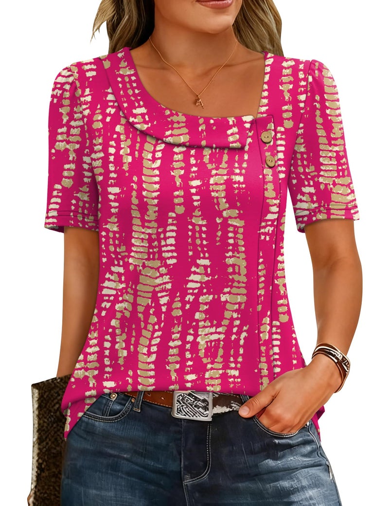 LUYAA Blouses for Women Dressy Casual Summer Clothes Teacher Outfits Short Sleeve Tops Summer Trendy Loose Fit Button Blouses Hot Pink L - Image 1