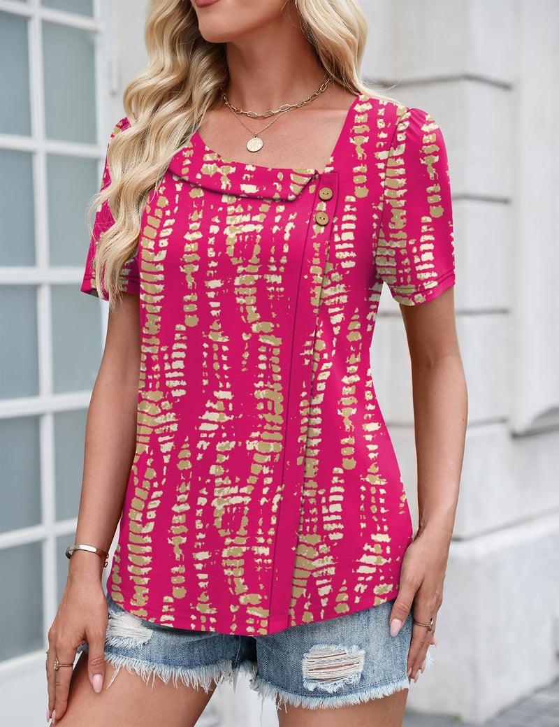 LUYAA Blouses for Women Dressy Casual Summer Clothes Teacher Outfits Short Sleeve Tops Summer Trendy Loose Fit Button Blouses Hot Pink L - Image 2
