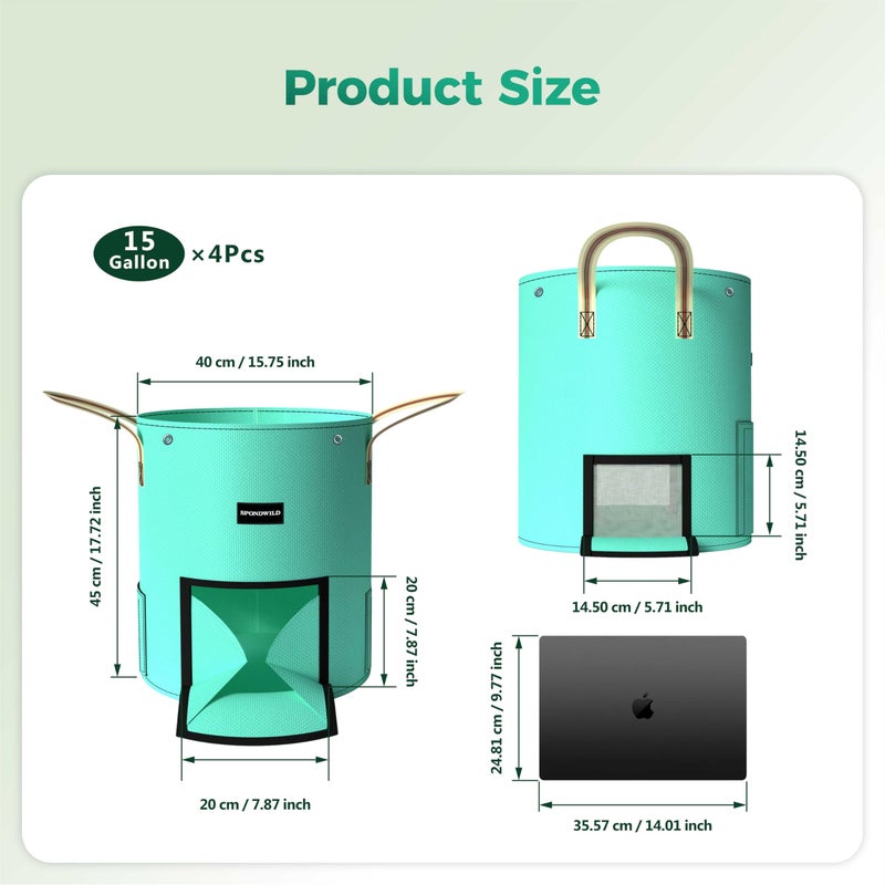 SPONDWILD 4 Pack 15 Gallon Potato Grow Bags, PE Garden Planter Bag with Breathable Screen Windows and Reinforced Handles, Ideal for Potatoes, Tomatoes, Carrots and Onions - Image 2