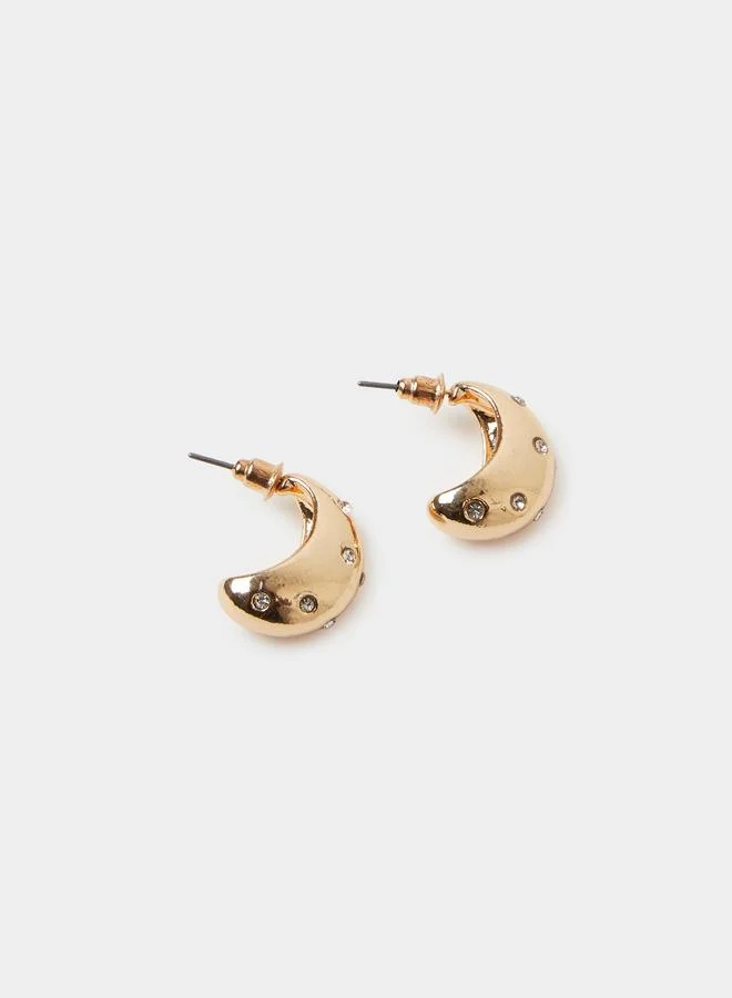 Styli  Gold Tone Crescent Stud Earrings with Rhinestone Embellishments for Women | Best Price UAE