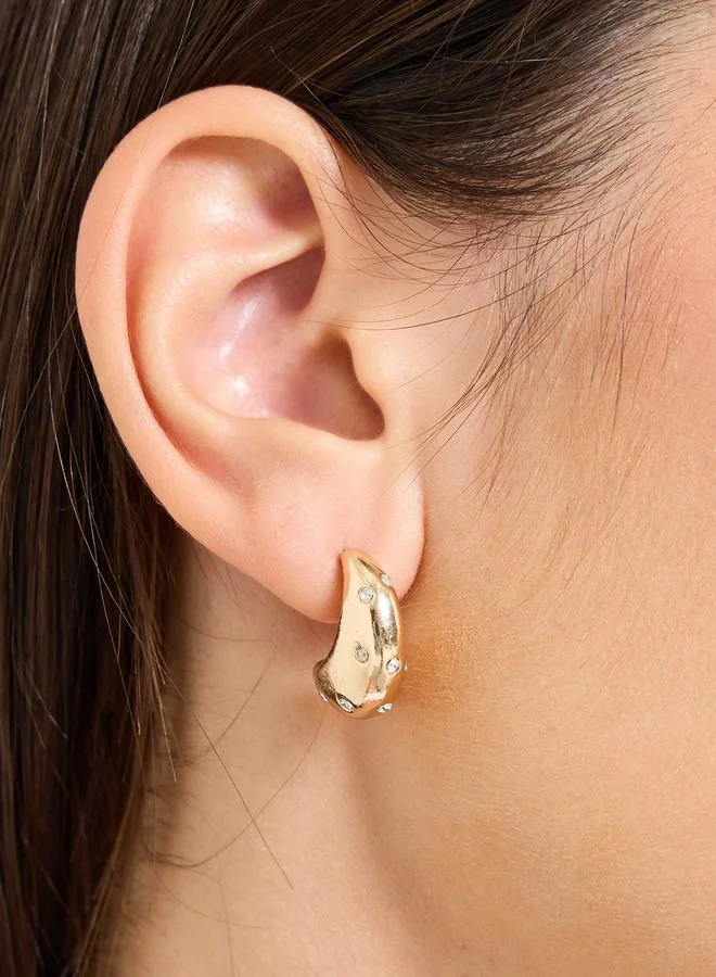 Gold Tone Crescent Stud Earrings with Rhinestone Embellishments