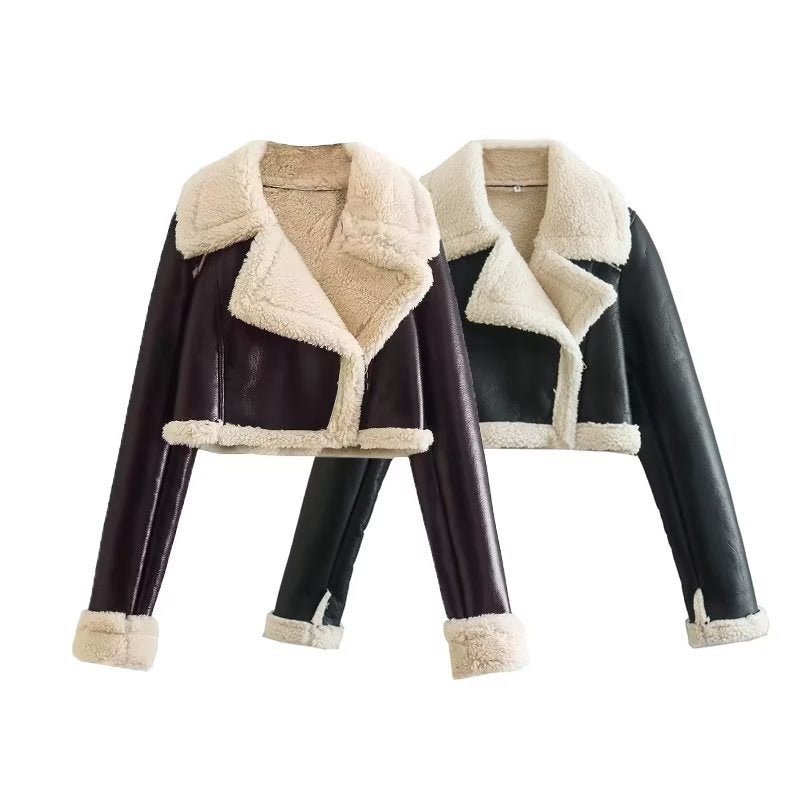Casual Faux Fur Zip-Up Jacket Women Coffee color  - Image 2