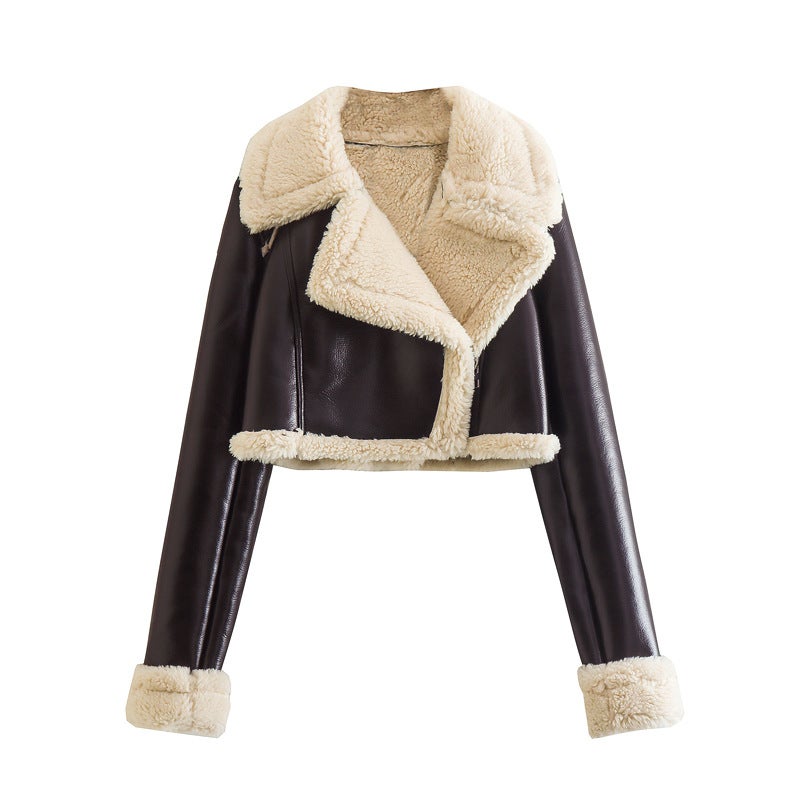 Casual Faux Fur Zip-Up Jacket Women Coffee color  - Image 1