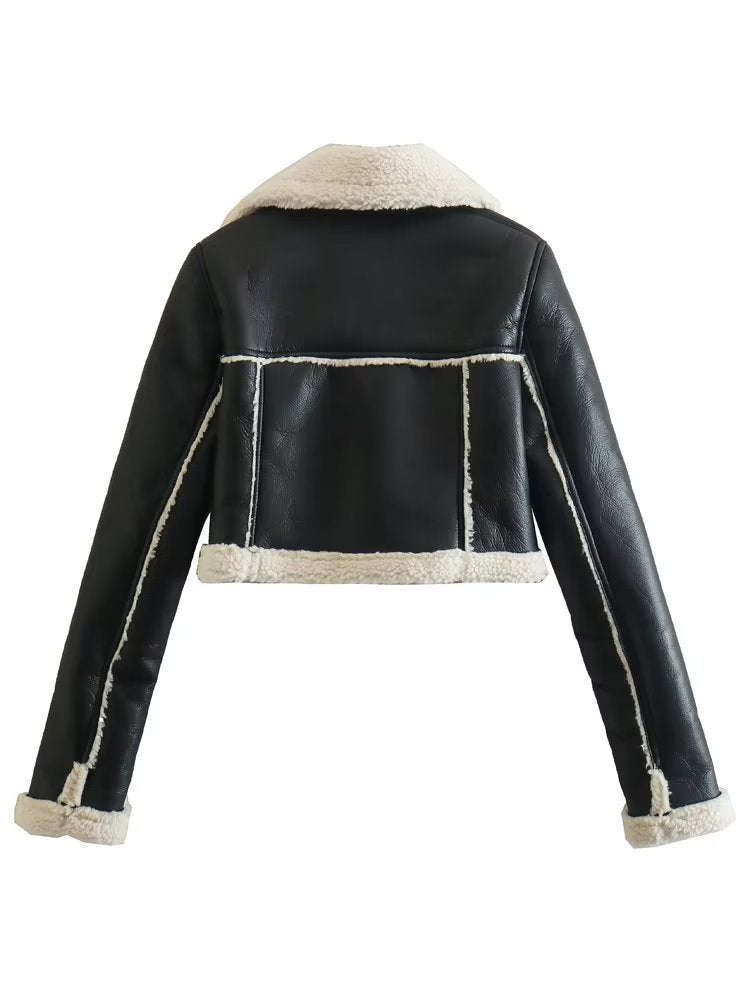 Casual Faux Fur Zip-Up Jacket Women Coffee color  - Image 4