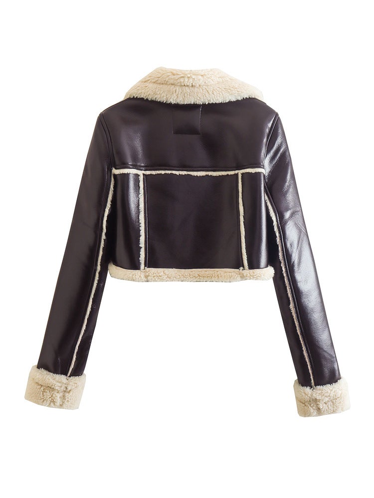 Casual Faux Fur Zip-Up Jacket Women Coffee color  - Image 5