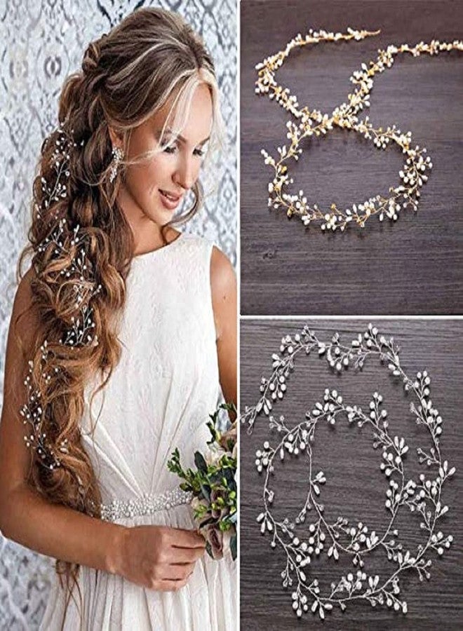 ROSEFINCH Bridal Hair Vines Crystal Wedding Headpiece, 45 CM Handmade Crystal Pearl Evening Party Headpiece Head Band Bride Wedding Hair Accessories for Bridesmaid and Flower Girl - gold. - Image 2