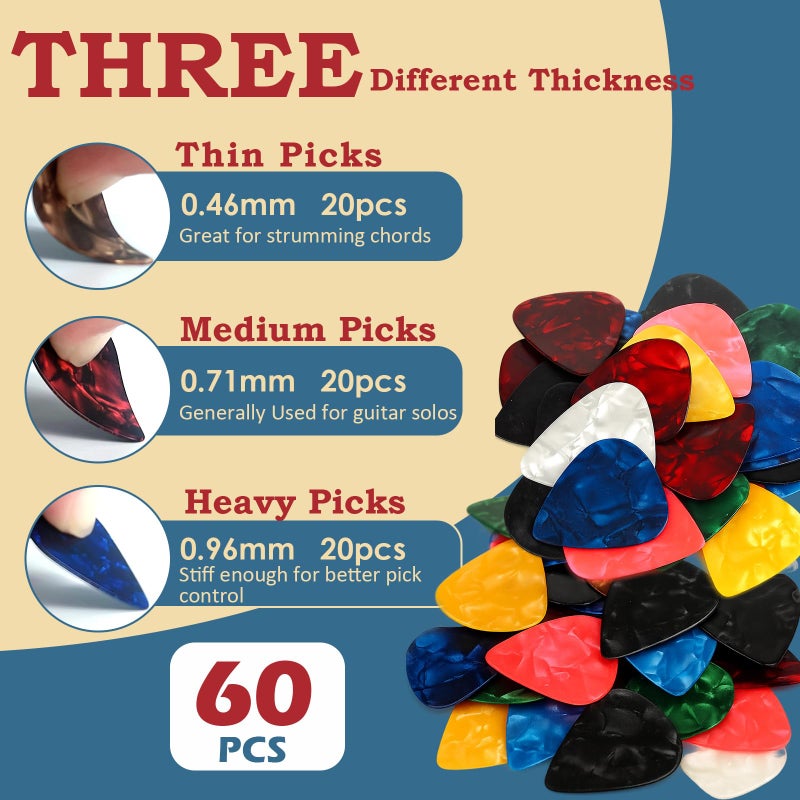 NEWJMM 60Pack Guitar Picks With Organizer Box: Variety Colorful Guitar Pick - Thin, Medium & Heavy 3 Different Thickness for Acoustic Guitar, Metallica Guitar, Electric Guitar, Ukulele Bass - Image 2