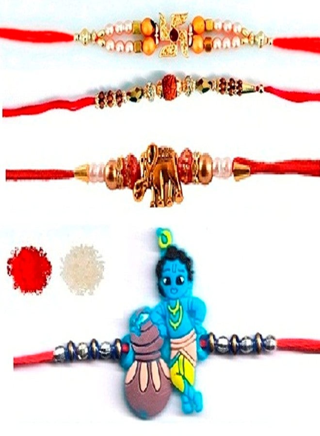 VR Creatives Kids Bal Krishna,Rudraksha and Swastika,Elephant Four 4 Family Rakhi Combo Set - Image 1