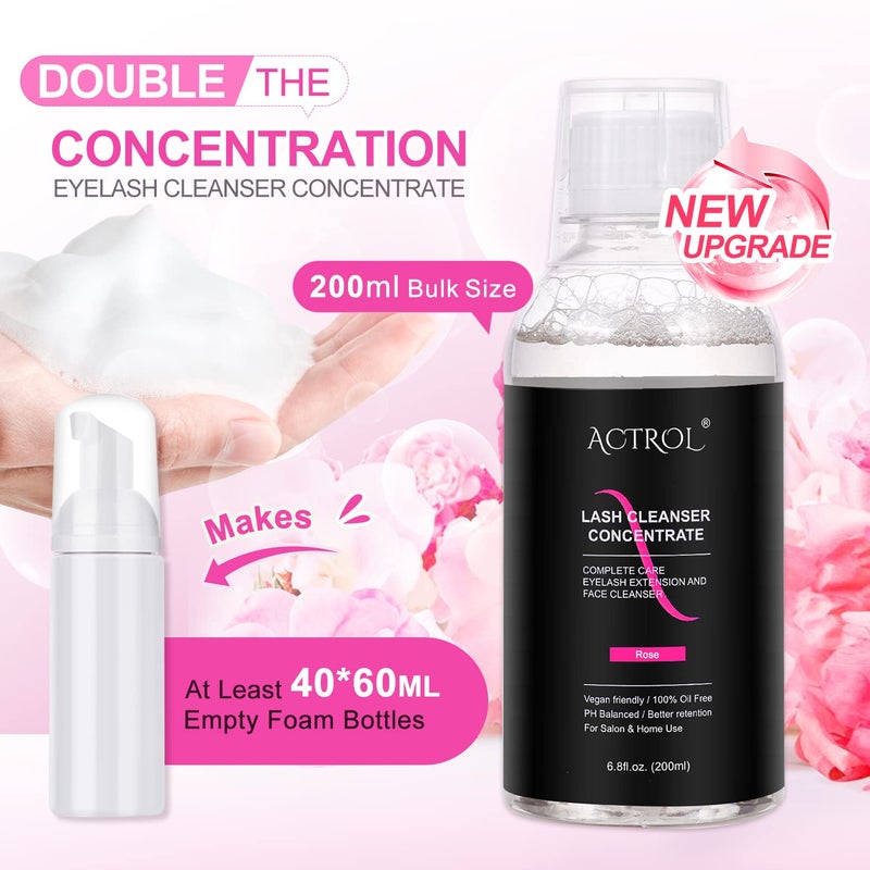 ACTROL Eyelash Cleanser Concentrate 200ml Rose Professional Lash Shampoo Foaming Cleanser DIY Paraben & Sulfate Free Non-lrritating Wash for Extensions Lashes with Salon Home Care-Makes 40 Bottles - Image 3