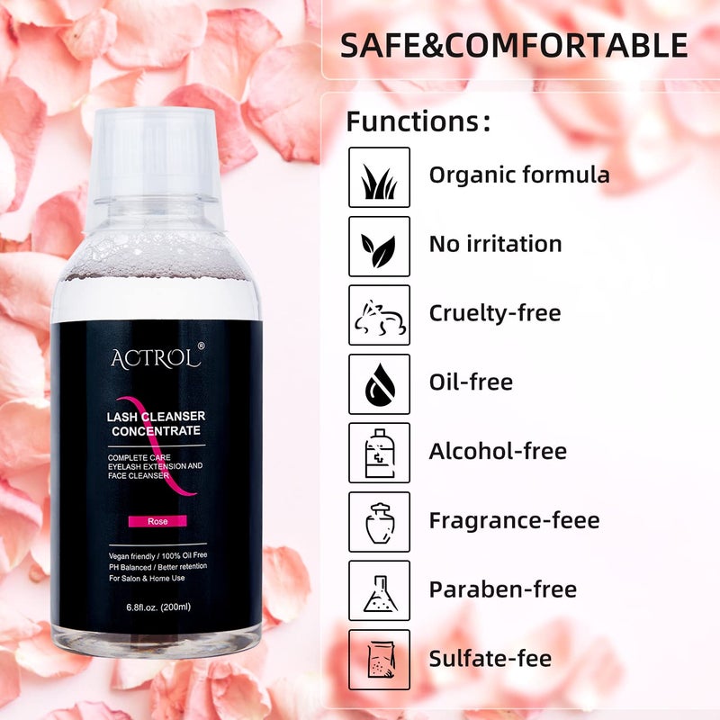 ACTROL Eyelash Cleanser Concentrate 200ml Rose Professional Lash Shampoo Foaming Cleanser DIY Paraben & Sulfate Free Non-lrritating Wash for Extensions Lashes with Salon Home Care-Makes 40 Bottles - Image 4
