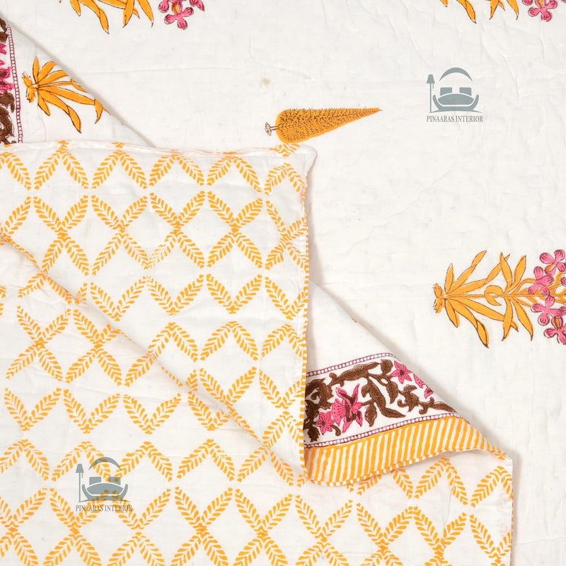 LOARSHY Cotton Hand Block Printed Pure Razai King Size Rajai/Quilts/Razzai - Yellow/Pink (Size 90X108 INCHES) - Image 3